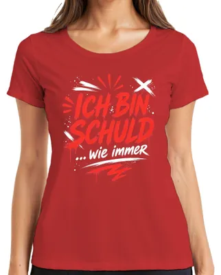 Productafbeelding van "Ik ben schuldig, zoals altijd" - Sarcastisch, grappig, statement T-shirt voor dames, rood, maat XXL
