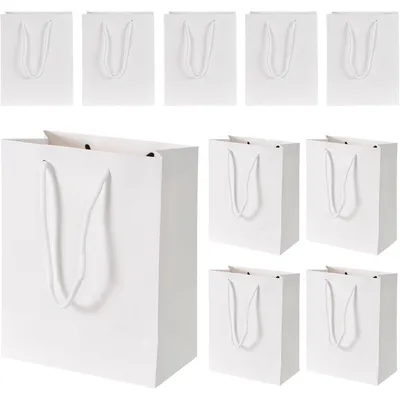 Zdjęcie produktu dla Torby papierowe z uchwytami, 10 sztuk, wymiary 18x10x23 cm, wykonane z papieru kraft, kolor biały