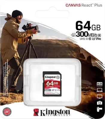 Zdjęcie produktu dla Kingston Technology 64GB Canvas React Plus SDXC UHS-II 300R/260W U3 V90 do Full HD/4K/8K