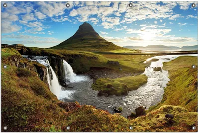Produktbild von Wallario Outdoor-Poster für Garten oder Balkon, Motiv Island Panorama Fluss  Berge und blauer Himmel, in ca. 100 x 150 cm
