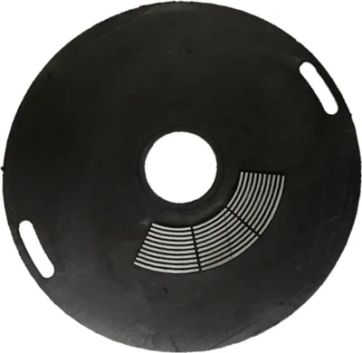 A black circular grill plate with markings on it, shown against a white background.
