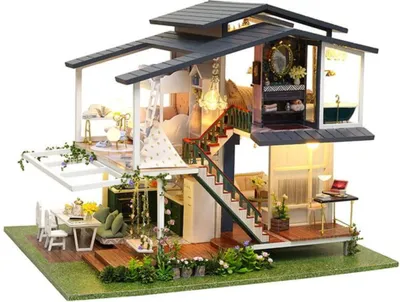 Image de Habarri | Maison Miniature - DIY Maison de Poupées - Maison en Bois avec Meubles et éclairage LED - Cadeau pour Enfants - Villa Aux Bahamas