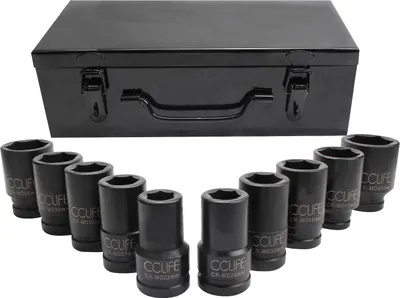 Produktbild von CCLIFE 10tlg 3/4 zoll Kraft Schlagschrauber Nüsse Sechskant Nuss Schlagnuss 22-50MM lang Steckschlüsselsatz Stecknuss Set