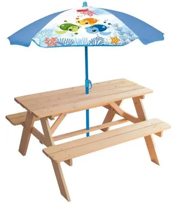 Produktbild von FUN HOUSE Kindertisch mit Holz-Picknicktisch & Schildkröten-Sonnenschirm, Naturstil, mit eingebauten Bänken, 95 x 75 x 53 cm