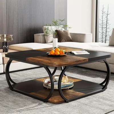 Image de Table basse - Table d'appoint - Table de salon - Table carrée - Deux plateaux de rangement