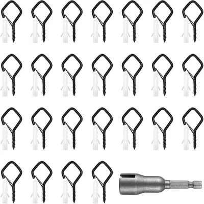 Produktbild von Schraubhaken mit Sicherung, Rautenform, Eisen, Schwarz, 25 Stück, inkl. Wandanker & Schraubendreher