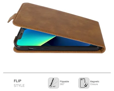 A brown flip-style phone case is shown open, revealing a smartphone screen inside. The image is set against a white background and includes descriptive icons and text below.