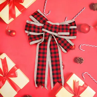 Weihnachtskranz mit roter Schleife, 1 Stück, Polyester, 10,7x1x18 cm
