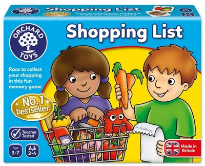 The image shows the front of a board game box for Orchard Toys Shopping List. Two children are depicted with a shopping basket filled with groceries.