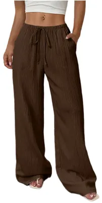 Produktbild von ASKSA Damen Weite Bein Hose Leichte Sommerhose Einfarbig Elegante Musselin Freizeithose Strandhose mit Taschen (Dunkelbraun,M)