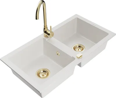 Produktbild von Mexen Mario 2-Becken-Granitspüle mit Mischbatterie Telma, Weiß - 6504-20-670200-50