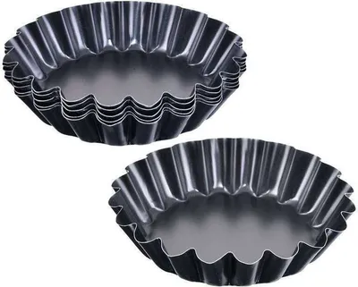 Two stacks of fluted tartlet pans are shown against a white background.