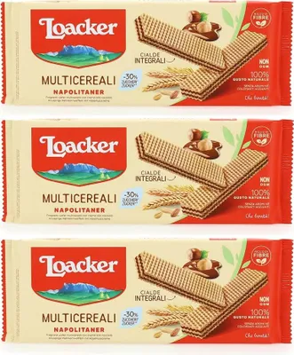 Produktbild von 3x Loacker Wafer Multicereali Napolitaner Mehrkorn Waffeln mit Haselnusscreme mit Vollkornmehl 175g