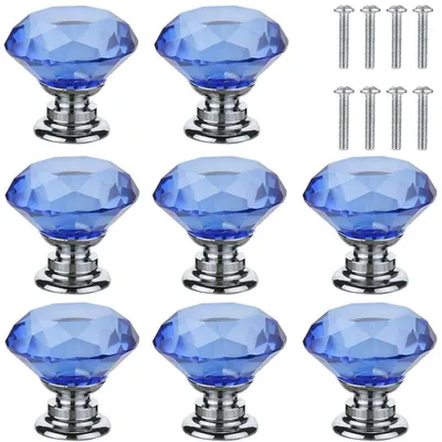 Produktbild von Möbelknöpfe 8 Stück – Schrankknöpfe Ø 30 mm – Runde Türknöpfe aus Zinklegierung & Glas – Mit Schrauben – Für Schrank, Kommode & Regal – Blau