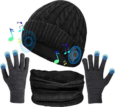 Produktbild von 3 in 1 Bluetooth 5.0 Musik Beanie Set Winterhut Ohrplost Hals Gaich Schal Handschuhe für Männer Frauen Frauen