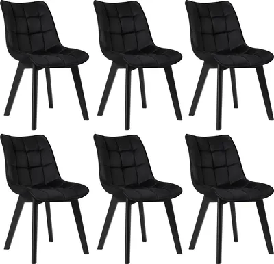 Six black dining chairs are arranged in two rows of three against a white background.