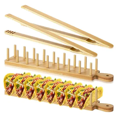 Produktbild von Bambus Taco-Set 4-teilig, Tablett mit Griff & Zange, Halter für 8 Tacos, perfekt für Snacks, Mahlzeiten & Heimküche