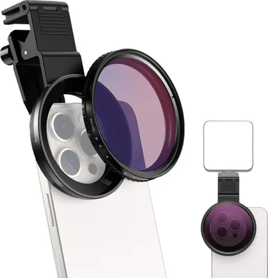 Produktbild von 67 mm variabler ND-Filter fuer Telefonkameraobjektiv ND2-ND400 einstellbarer Neutraldichtefilter mit Telefonfilterclip Tragetasche Ersatz fuer iPhone 16/15/14/13 und mehr
