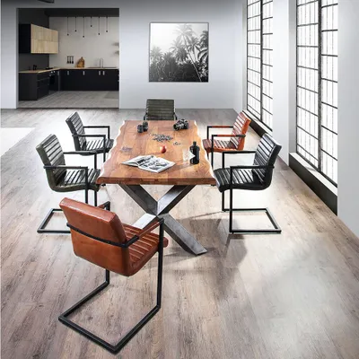 Produktbild von Sitzgruppe Esszimmer mit 200 cm Massivholz Esstisch TARRAS-123 inkl. 6 Stühle mit Echtleder Bezug