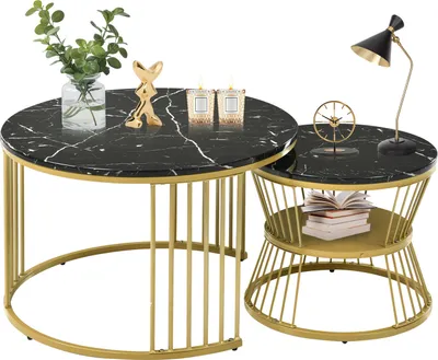 Produktbild von Moderne Nesting Couchtisch, Couchtisch Satz Marmor Furnier Sofa Seite Nest von Tischen Runde Endtische, Satz von 2, Goldene Farbe Frame