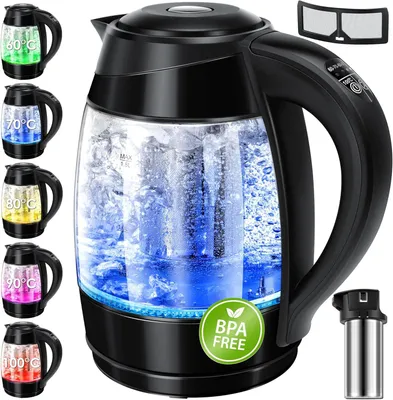 Produktbild von KESSER Wasserkocher 1,8L Glas & Edelstahl, LED-Farbbeleuchtung, Temperaturwahl 60–100°C, Warmhaltefunktion, Teesieb, BPA-frei, Kalkfilter