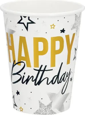 Produktbild von "Happy Birthday" Gold Schwarz | 8 Pappbecher 250 ml