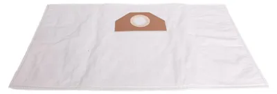 A white vacuum cleaner bag with a brown cardboard attachment for the vacuum cleaner's intake port.