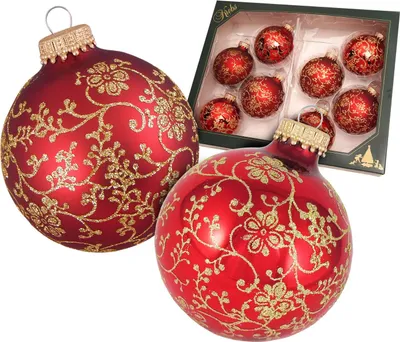 Produktbild von Krebs Glas Lauscha Weihnachtsbaumkugeln 8er Set - Goldene Glitterranken - Weihnachtsrot Glanz und Satin