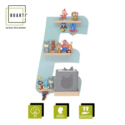 Produktbild von BOARTI Kinderregal Buchstabe E | hängend für Toniebox und Tonie Figuren | platzsparendes Regal | H. 47 x B. 32 x T. 19 | Wandregal Musikbox und Figuren Aufbewahrung Magneteinsätzen | Aufbewahrungsregal Holz