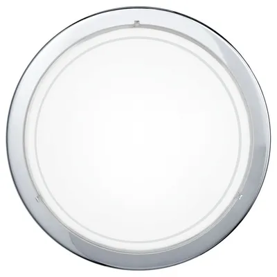 A close-up, studio shot of a round ceiling light with a chrome rim and a white diffuser.