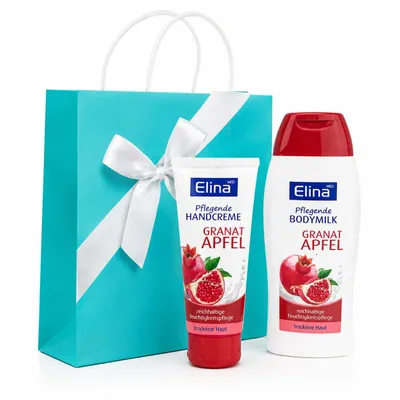 Produktbild von Elina MED Geschenkset Granatapfel – Handcreme & Bodymilk mit Geschenktasche