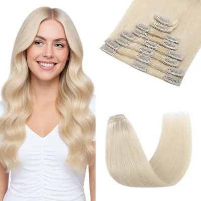 Immagine prodotto di Extensioni a clip in, capelli naturali al 100%, Remy, biondo platino, 35 cm, 8 pezzi, 60 grammi