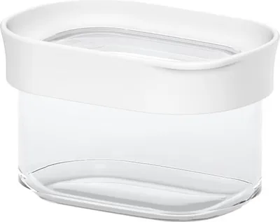 A clear product shot of a transparent storage container with a white lid band.
