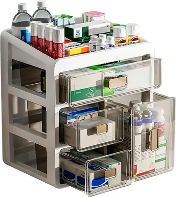 Immagine prodotto di Armadietto medico con 4 scomparti, organizer per farmaci, ideale per la farmacia domestica, colore bianco