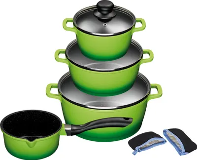 A set of green cookware stacked on top of each other, with a single saucepan to the left and two pot holders at the bottom right.