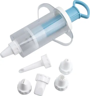 Produktbild von Zenker Garnierspritze mit 6 Tüllen PATISSERIE, Tortenspritze aus Kunststoff, stufenlose Sahnespritze (Farbe: Blau/Weiß/Transparent), Menge: 1 Spritze + 6 Tüllen