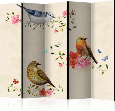 Produktbild von 5-teiliger Doppelseitiger Vlies Paravent - Bird Song II 225x172 cm Tiere g-B-0064-z-c