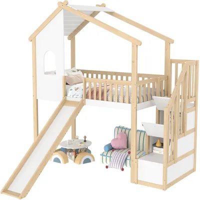 Produktbild von Hochbett mit Rutsche, Stauraum und Lattenrost, 90x200 cm, Kinderbett mit Rausfallschutz und Treppe, Spielbett, Kiefer