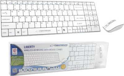 A product shot of a wireless keyboard and mouse combo in its packaging, with a separate image of the keyboard and mouse above.
