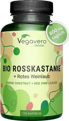Zdjęcie produktu dla Vegavero organiczny kasztanowiec z liśćmi czerwonej winorośli | 120 kapsułek | z ekstraktem z aceroli | wegańskie