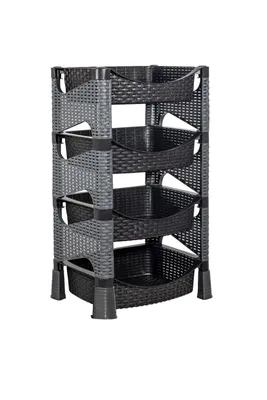 Produktbild von Gemüseregal mit 4 Etagen – Kunststoff in Rattan-Optik – Grau/Schwarz – Stapelbares Küchenregal für Gemüse, Vorräte & mehr