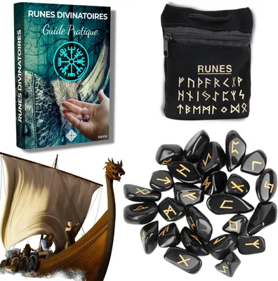 Productafbeelding van Vikings divinatory runen - Verpakking met 25 zwarte obsidiaan runen (2 cm x 1 cm) - Runen alfabet futhark