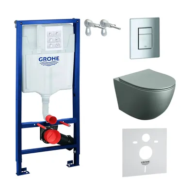 Produktbild von GROHE Vorwandelement Solido + Wand Hänge WC Sinto Grau Spülrandlos + WC-Sitz SoftClose | Verchromter Knopf | Komplettset | Unterputz Spülkasten |  Toilette Komplett Sett