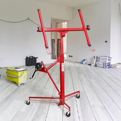 Immagine prodotto di Sollevatore per pannelli di cartongesso, capacità 68 kg, altezza regolabile da 126 a 325 cm, girevole a 360°, colore rosso