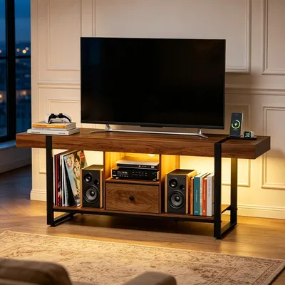 Obrázek produktu pro Moderní televizní nábytek s LED osvětlením a zásuvkami, určený pro televizory o velikosti až 80 palců