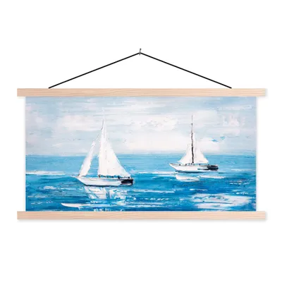 Produktbild von MuchoWow® Textilposter Malerei - Ölfarbe - Boot - Wasser 120x60 cm mit holzfarbenen Rahmen - Klemmleiste