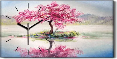 Produktbild von Leinwand Uhr Küche Wohnzimmer Bild 60x30 Kunst Malerei Landschaft Kirschbaum - schwarze Hände