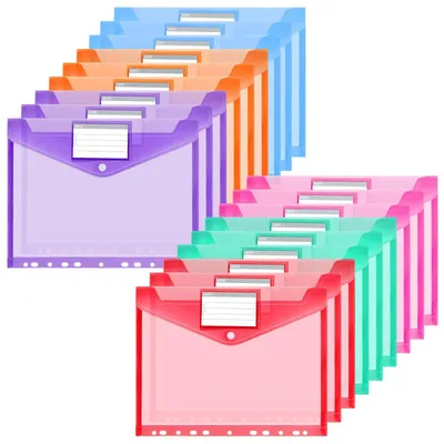 Imagen del producto de Fundas perforadas para documentos A4, expandibles, 18 unidades, transparentes, con cierre de botón a presión, en 6 colores, para