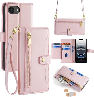 Produktbild von Handykette für iPhone 16E Hülle mit Band Handyhülle Kartenfächer Kunstleder Umhängetasche in Rosa