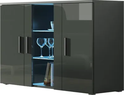 Produktbild von Furniture24 Kommode mit Blauer LED Beleuchtung SOHO S7 Sideboard Schrank Wohnzimmerschrank mit 3 Türen Grau/Grau Hochglanz
